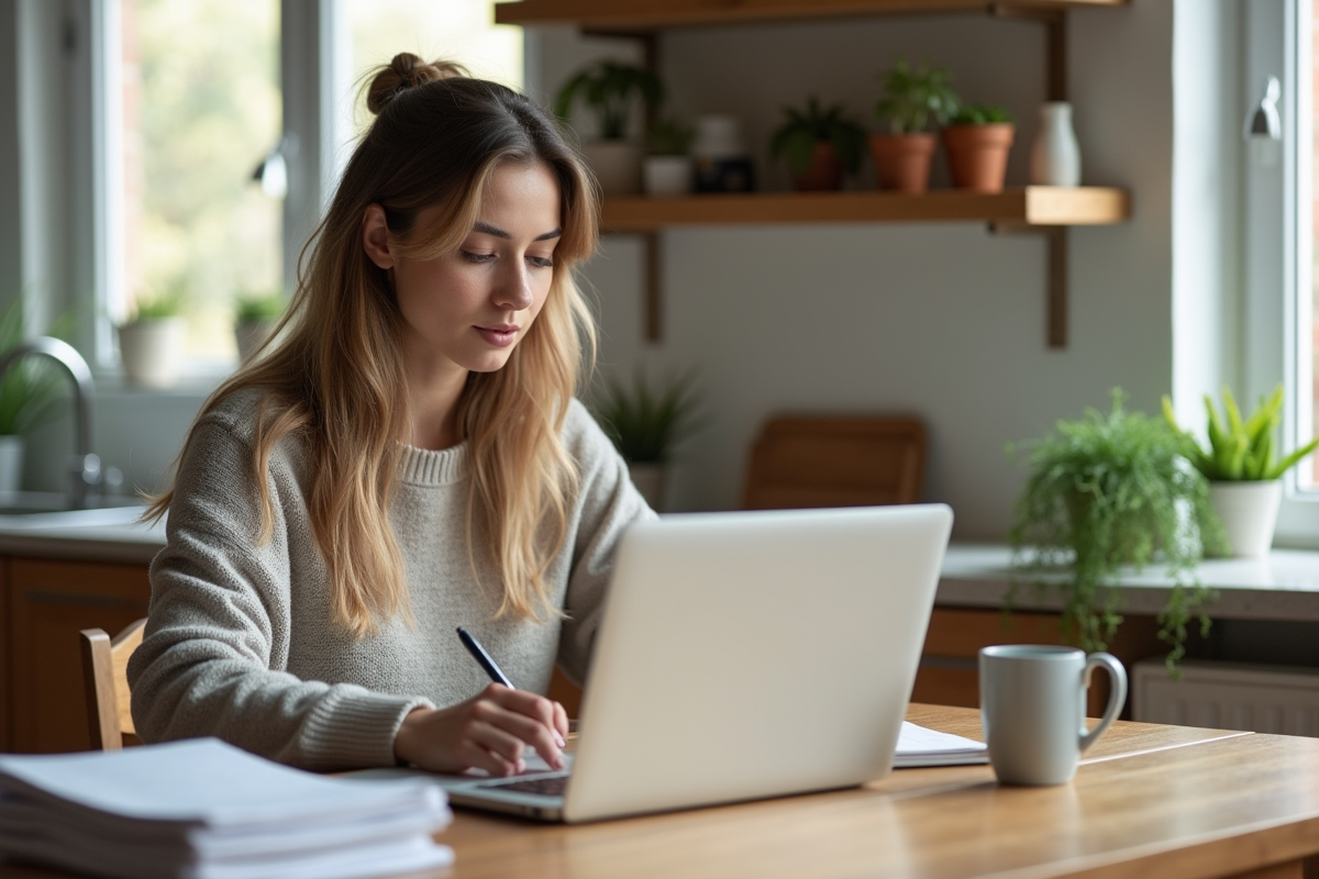 Jeune femme concentrée travaillant à la maison