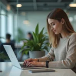 Jeune femme concentrée sur son ordinateur dans un bureau moderne