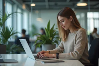 Jeune femme concentrée sur son ordinateur dans un bureau moderne