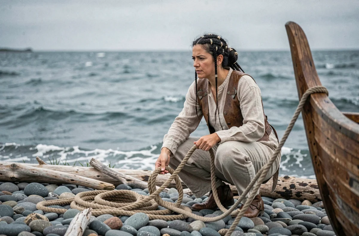 Femme viking sur un rivage nordique rocailleux maniant une corde de bateau avec en arrière-plan une mer agitée