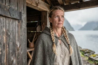 Femme viking en tenue traditionnelle nordique debout devant une maison longue en bois, regardant un fjord brumeux