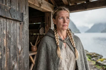 Femme viking en tenue traditionnelle nordique debout devant une maison longue en bois, regardant un fjord brumeux