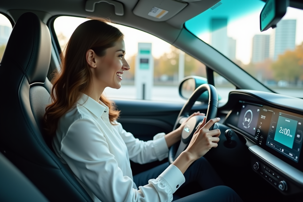 Jeune femme souriante dans une voiture hydrogene au station de recharge