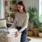 Femme souriante plie du linge dans un salon lumineux