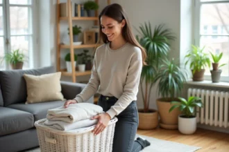 Femme souriante plie du linge dans un salon lumineux