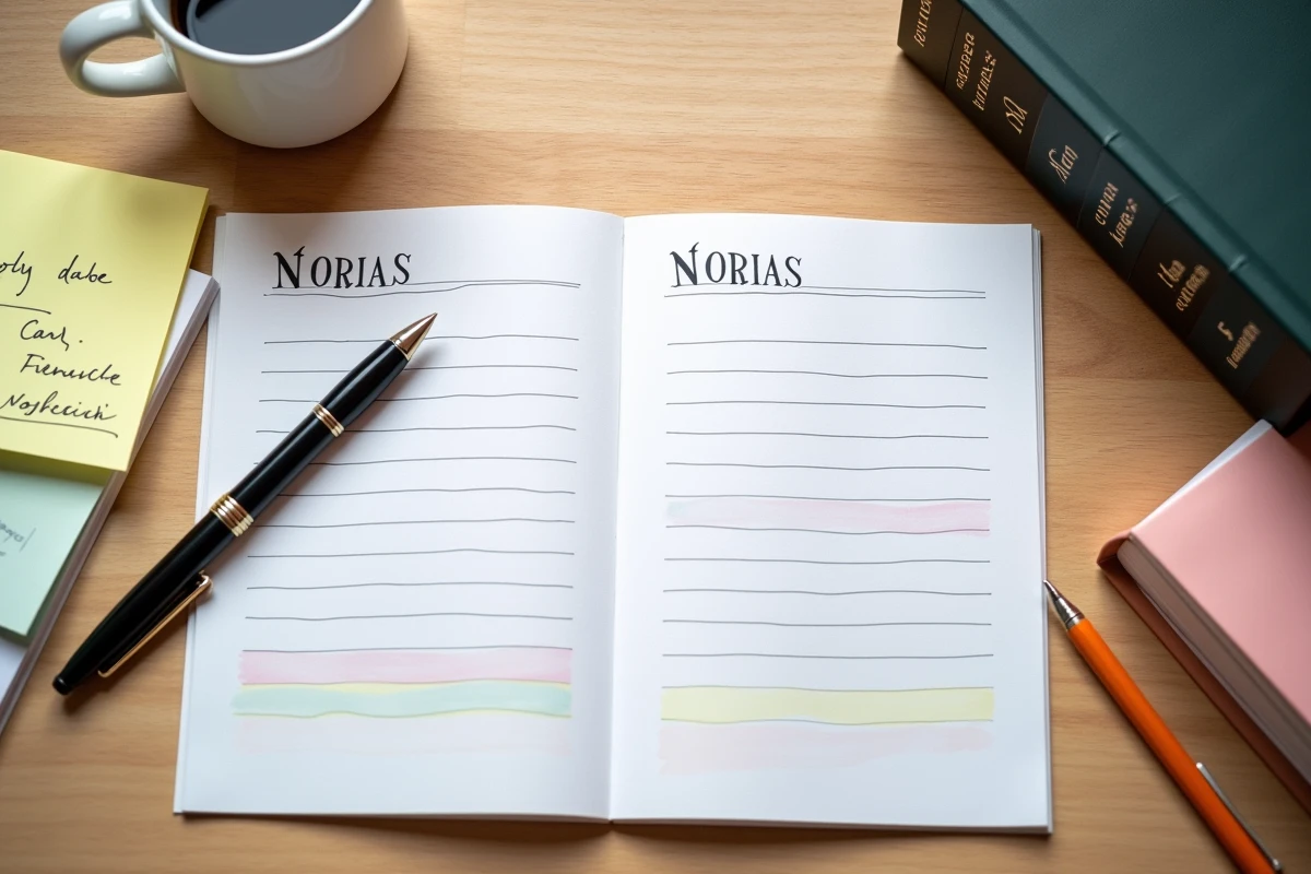 Vue aérienne d'une fiche mémo NORIAS imprimée avec stylo plume et dictionnaire juridique sur un bureau en bois