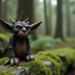 Figurine artisanale en bois représentant un korrigan breton posée sur une pierre moussue en forêt bretonne