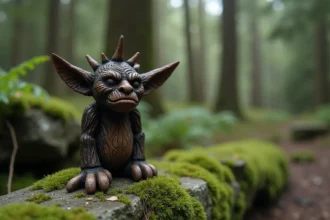 Figurine artisanale en bois représentant un korrigan breton posée sur une pierre moussue en forêt bretonne