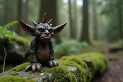 Figurine artisanale en bois représentant un korrigan breton posée sur une pierre moussue en forêt bretonne