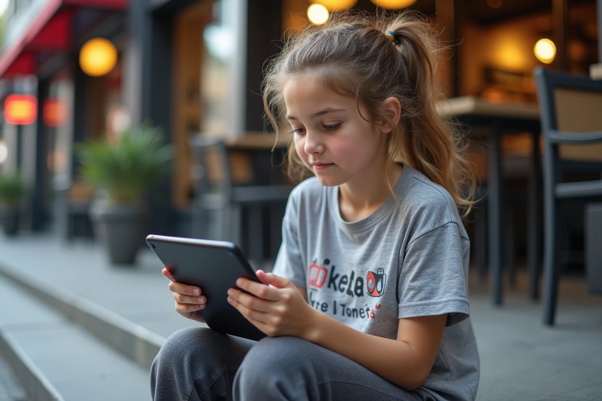 Fille adolescente avec tablette dans un décor urbain en plein air