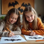 Fille et mère dessinant des chauves-souris Halloween à la maison