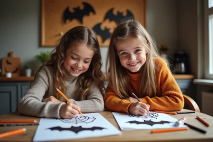 Fille et mère dessinant des chauves-souris Halloween à la maison