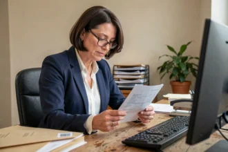 Fonctionnaire de catégorie C examinant sa fiche de paie après la revalorisation salariale 2026 dans un bureau administratif