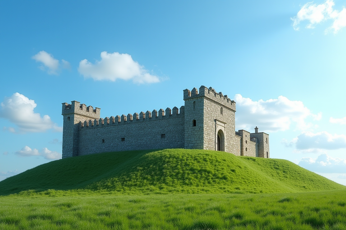 Forteresse ancienne sur une colline verte sous un ciel bleu