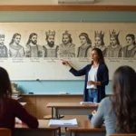 Professeure de collège montrant une frise chronologique des rois de France affichée au tableau en classe d'histoire