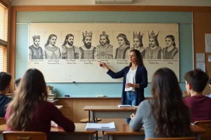 Professeure de collège montrant une frise chronologique des rois de France affichée au tableau en classe d'histoire