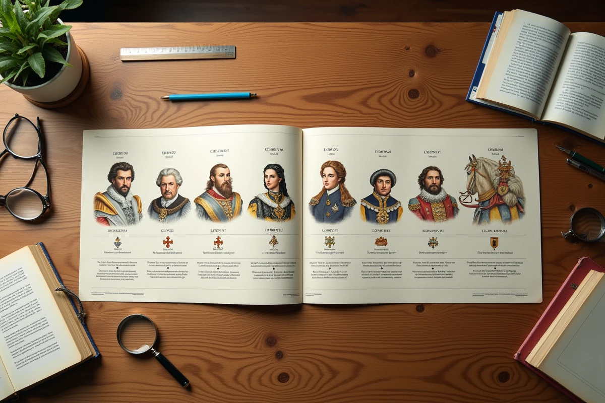 Vue aérienne d'une frise illustrée des rois de France posée sur une table en bois avec des livres d'histoire et des outils pédagogiques