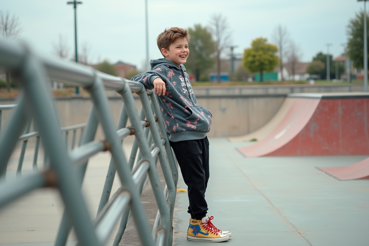 Garçon en streetwear au skate park en pleine rigolade