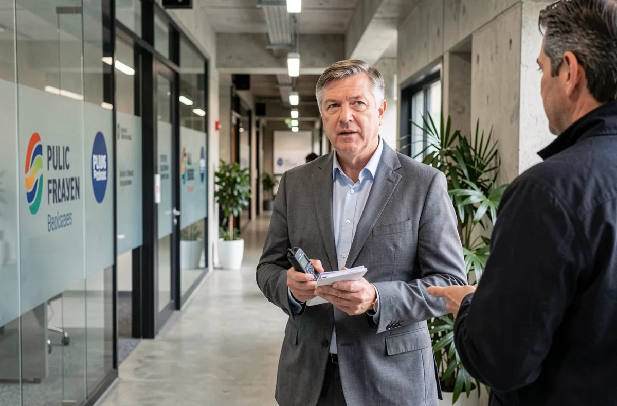Journaliste masculin dans les couloirs d'une grande radio publique française tenant un enregistreur numérique et un carnet de notes, évoquant le parcours professionnel d'un grand reporter radio