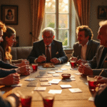 Groupe d'amis jouant au président autour d'une table chaleureuse