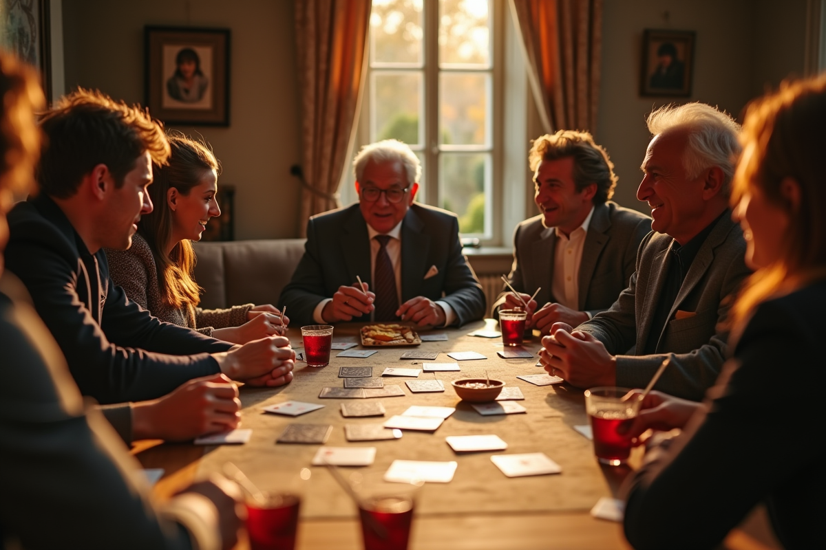 Groupe d'amis jouant au président autour d'une table chaleureuse