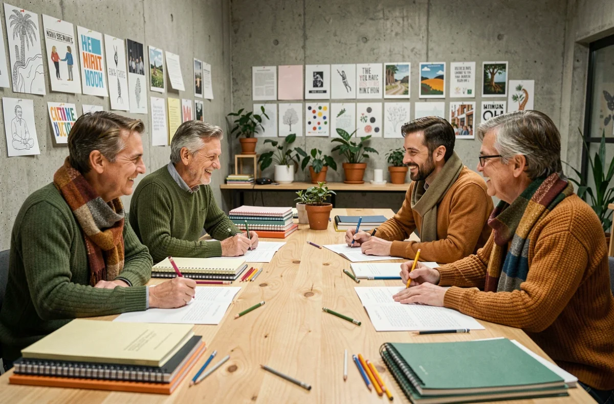 Groupe d'adultes participant à un atelier d'écriture autour d'un poème sur la rentrée avec carnets et crayons de couleur