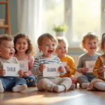 Enfants souriants dans une salle lumineuse avec noms en I