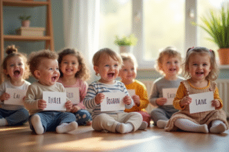 Enfants souriants dans une salle lumineuse avec noms en I