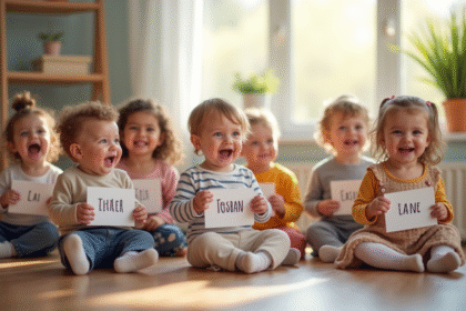 Enfants souriants dans une salle lumineuse avec noms en I