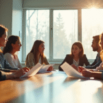 Groupe d'enseignants et jeunes adultes en discussion dans une salle lumineuse