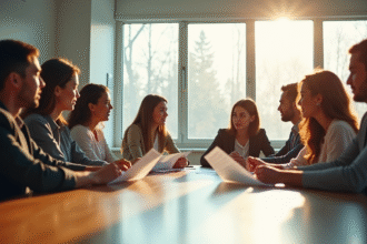 Groupe d'enseignants et jeunes adultes en discussion dans une salle lumineuse