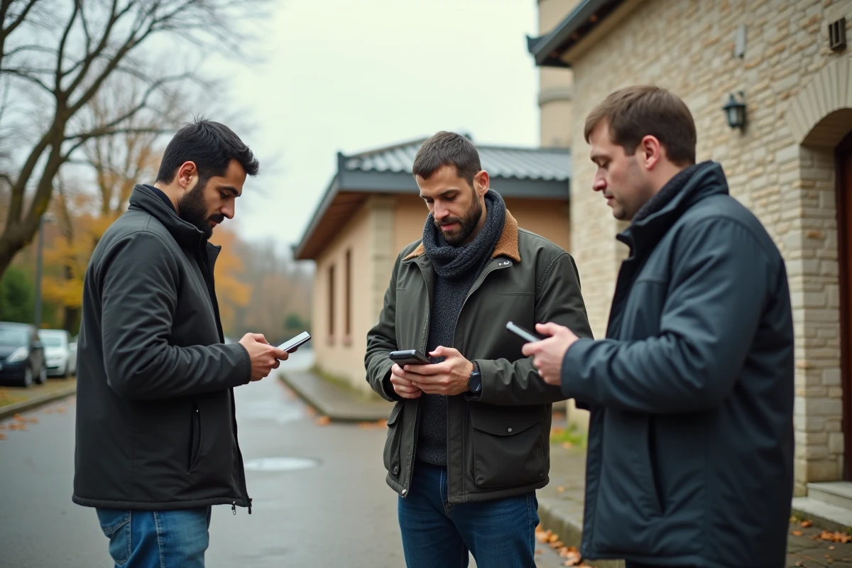 Groupe de frontaliers et travailleurs immigrants devant une mosquée à Annemasse vérifiant les horaires de prière avant d'aller travailler à Genève