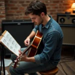 Guitariste électrique étudiant des tablatures Santiano sur un pupitre dans un studio home recording avec guitare sunburst