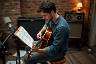 Guitariste électrique étudiant des tablatures Santiano sur un pupitre dans un studio home recording avec guitare sunburst