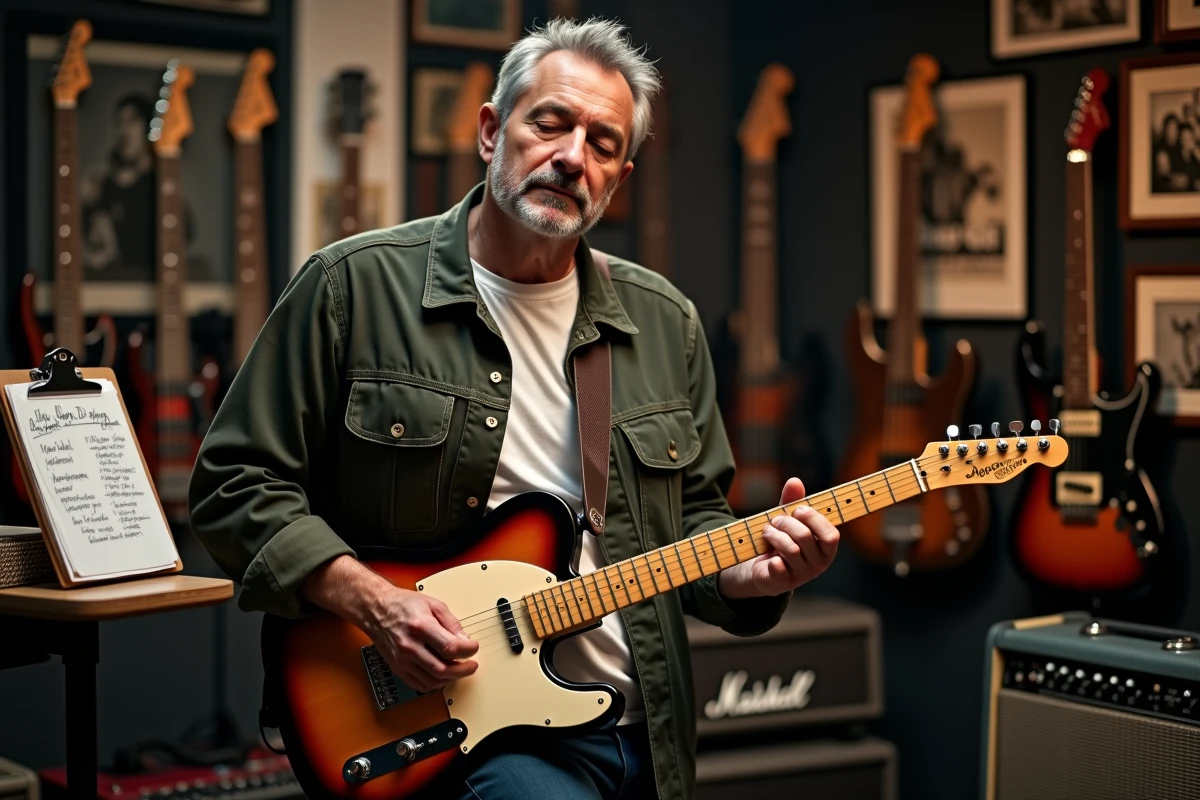 Guitariste expérimenté adaptant des accords de Santiano sur une Telecaster dans la salle d'essai d'un magasin de musique