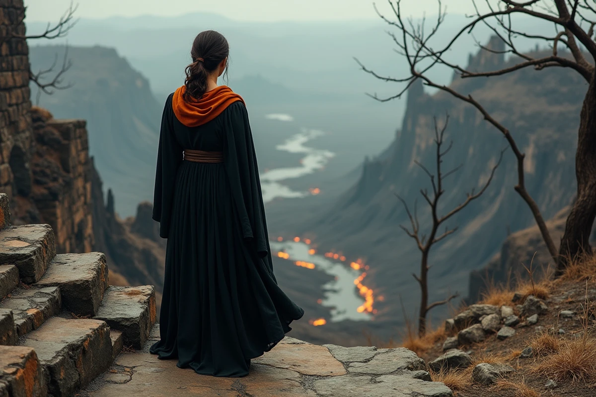 Héroïne de fantasy en robes noires au sommet de marches en ruine contemplant un paysage dévasté et brûlé