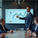 Homme d'affaires en costume navy présente des graphiques