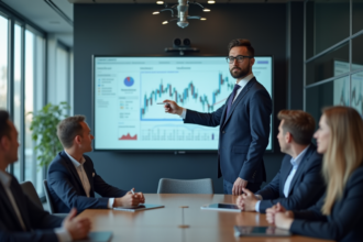 Homme d'affaires en costume navy présente des graphiques