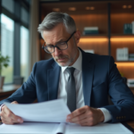 Homme d'affaires en costume bleu dans un bureau moderne