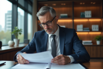 Homme d'affaires en costume bleu dans un bureau moderne