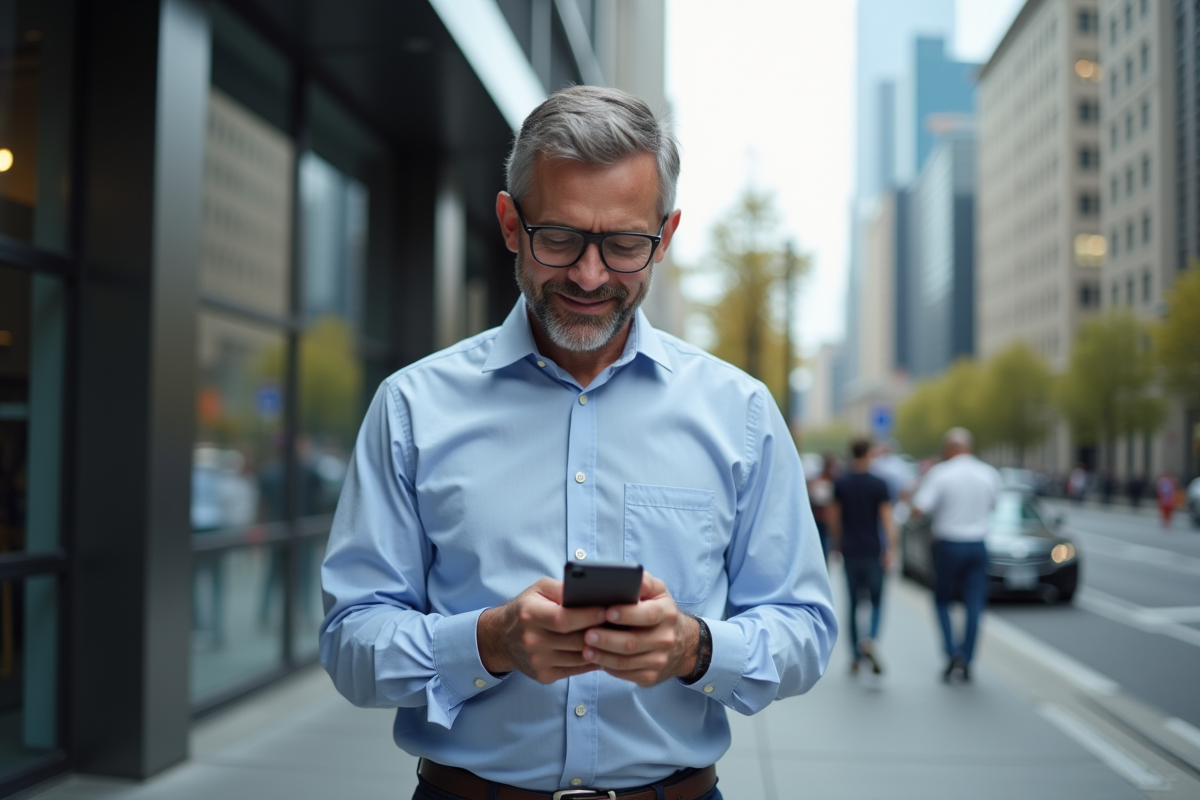 Homme d affaires regardant ses graphiques en ville