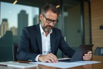 Homme d'affaires en réunion avec tablette numérique