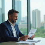 Homme d'affaires en blazer regardant ses papiers dans un bureau moderne