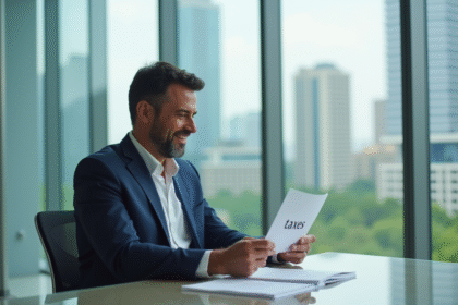Homme d'affaires en blazer regardant ses papiers dans un bureau moderne