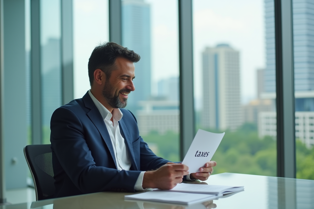 Homme d'affaires en blazer regardant ses papiers dans un bureau moderne
