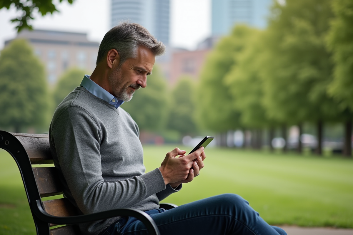 Homme vérifiant une application d investissement en plein air