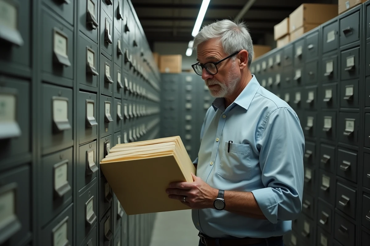 Homme manipulant une fiche dans une salle d