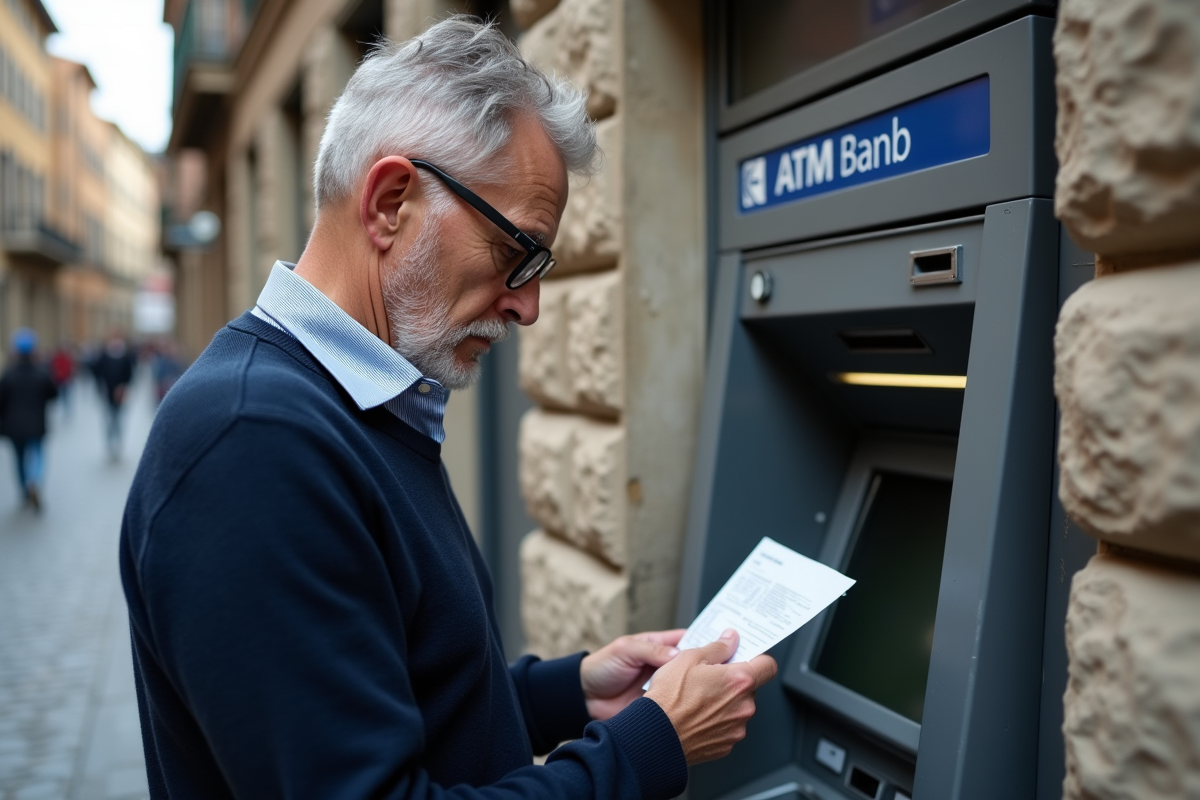 Homme senior utilisant un distributeur automatique en rue