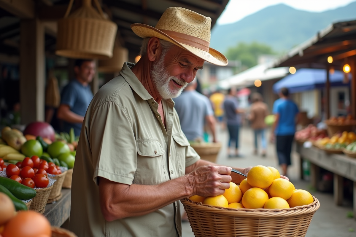 Homme âgé examinant des fruits dans un marché rural