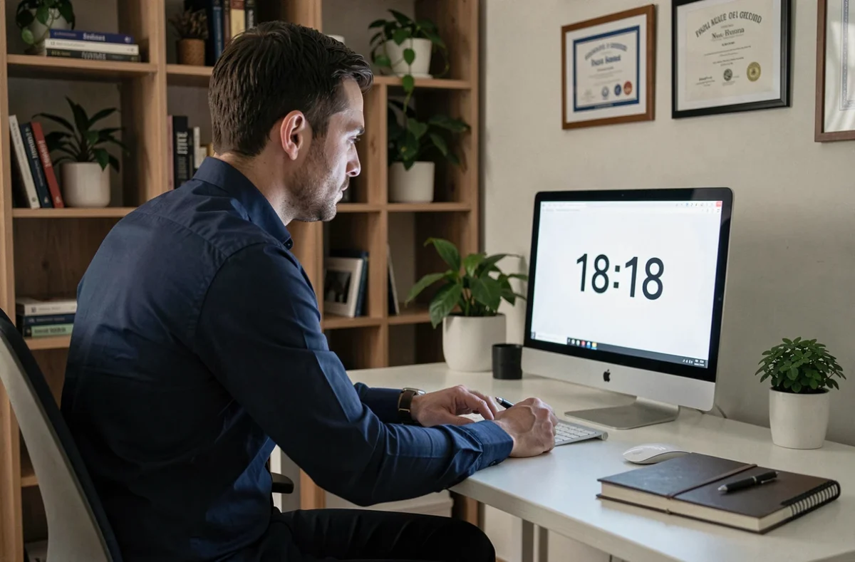 Homme au bureau à domicile remarquant l'heure 18h18 sur son écran d'ordinateur, évoquant un signe ou tournant dans sa vie professionnelle